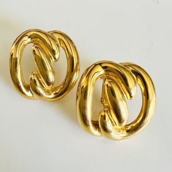 Vintage JS Signed Shiny Screw Back Earrings Gold Tone Twisted Knot Abstract 4042 - Picture 6 of 11